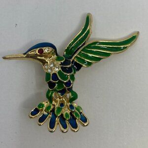 Vtg D'ORLAN ? enamel rhinestone bird hummingbird brooch